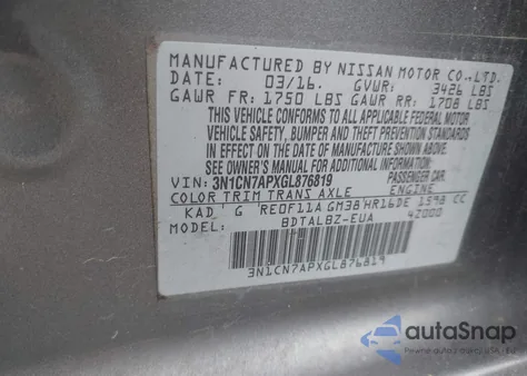 2016 Nissan Versa 1.6 S/1.6 S+/1.6 Sl/1.6 Sv from USA, damaged, VIN 3N1CN7APXGL876819